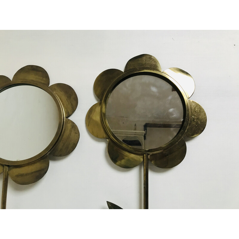 Pair of vintage brass wall mirrors in the shape of a flower, 1960