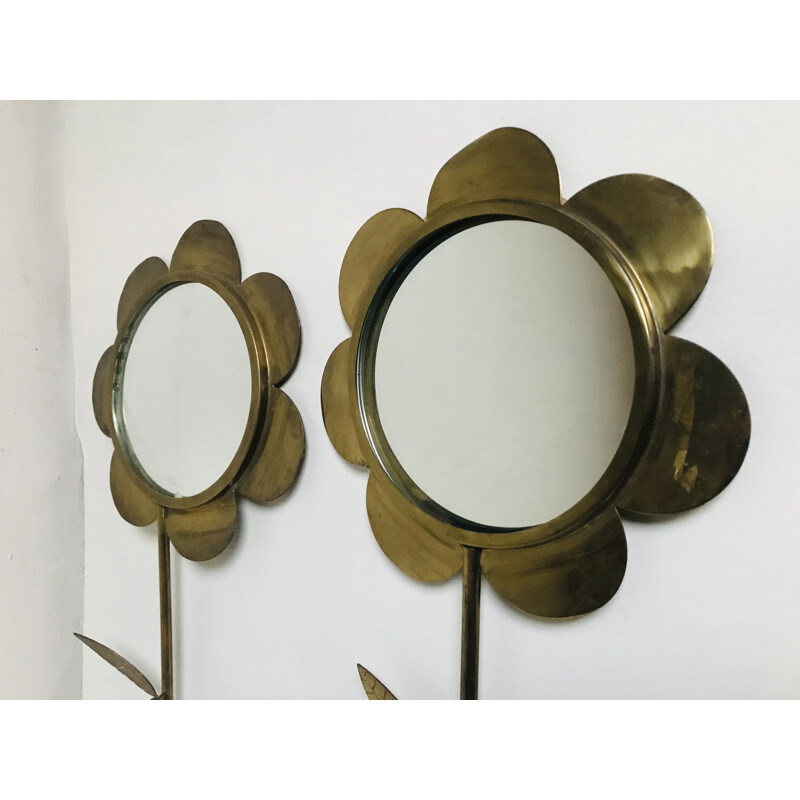 Pair of vintage brass wall mirrors in the shape of a flower, 1960