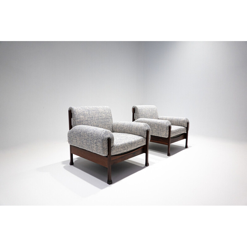 Mid-century pair of Italian armchairs in wood and fabric