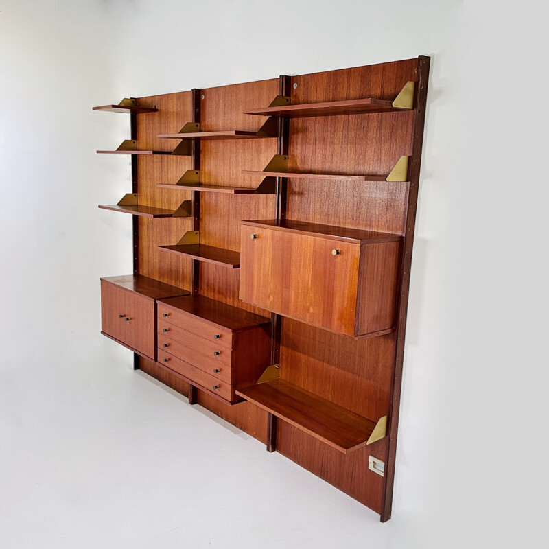 Vintage wooden bookcase with brass, Italy 1960