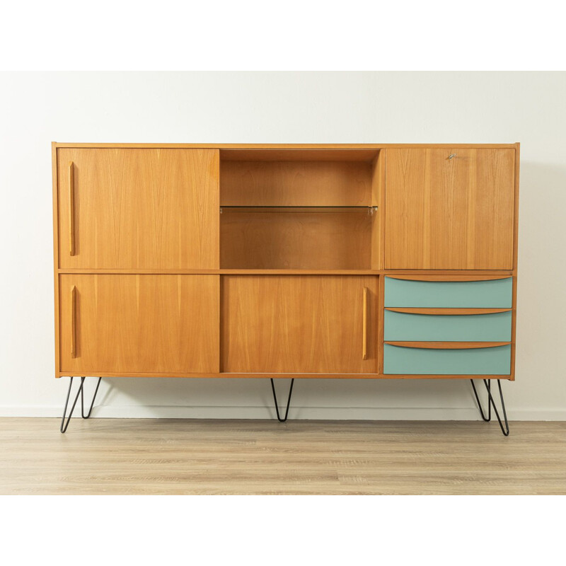 Vintage ashwood highboard with three sliding doors and blue drawers, Germany 1960s