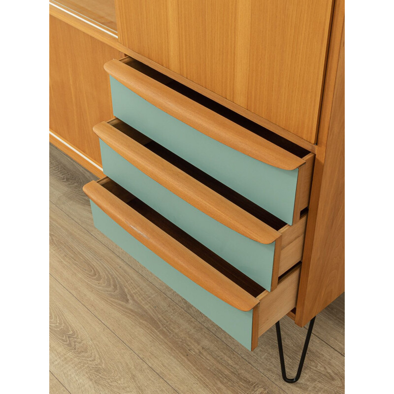 Vintage ashwood highboard with three sliding doors and blue drawers, Germany 1960s