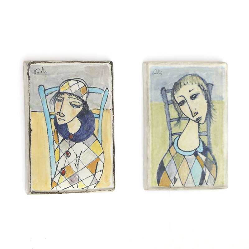 Pair of vintage tiles "Il secco" in ceramic by Bruno Paoli, 1950