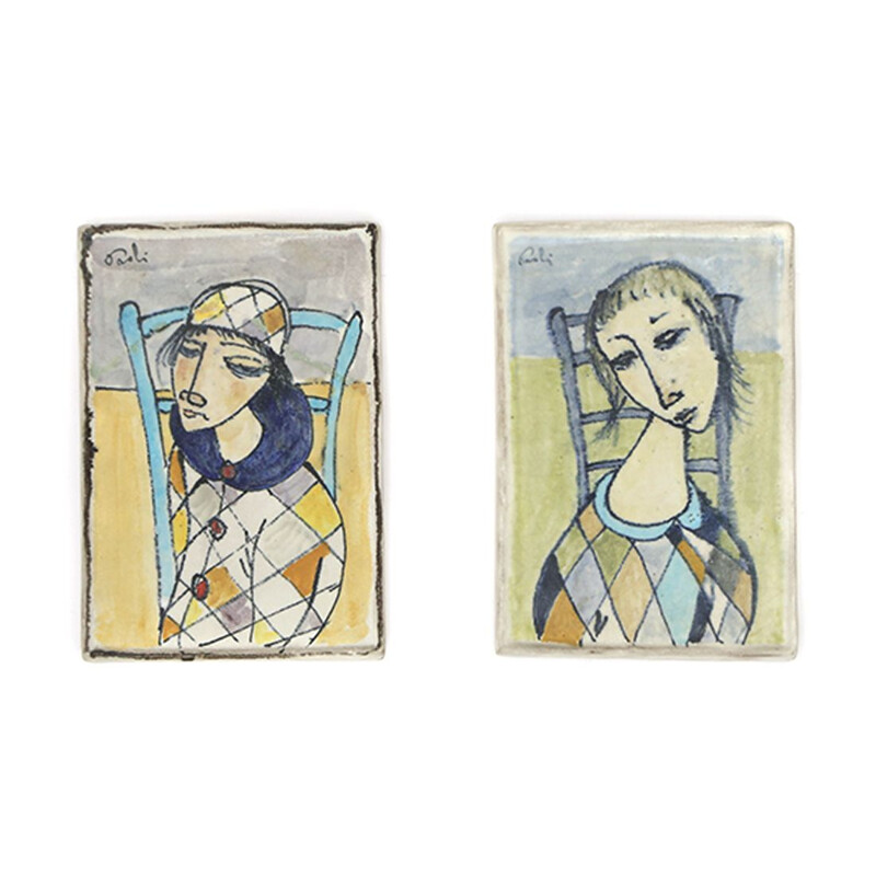 Pair of vintage tiles "Il secco" in ceramic by Bruno Paoli, 1950