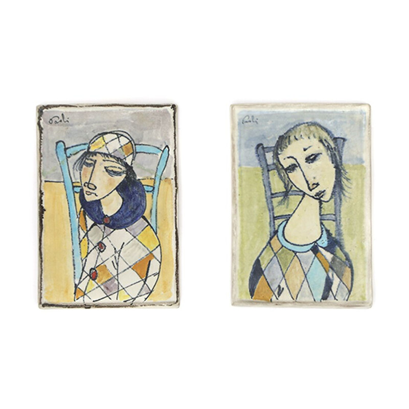 Pareja de azulejos de cerámica vintage "Il secco" de Bruno Paoli, 1950