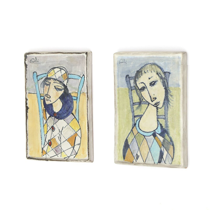 Pair of vintage tiles "Il secco" in ceramic by Bruno Paoli, 1950