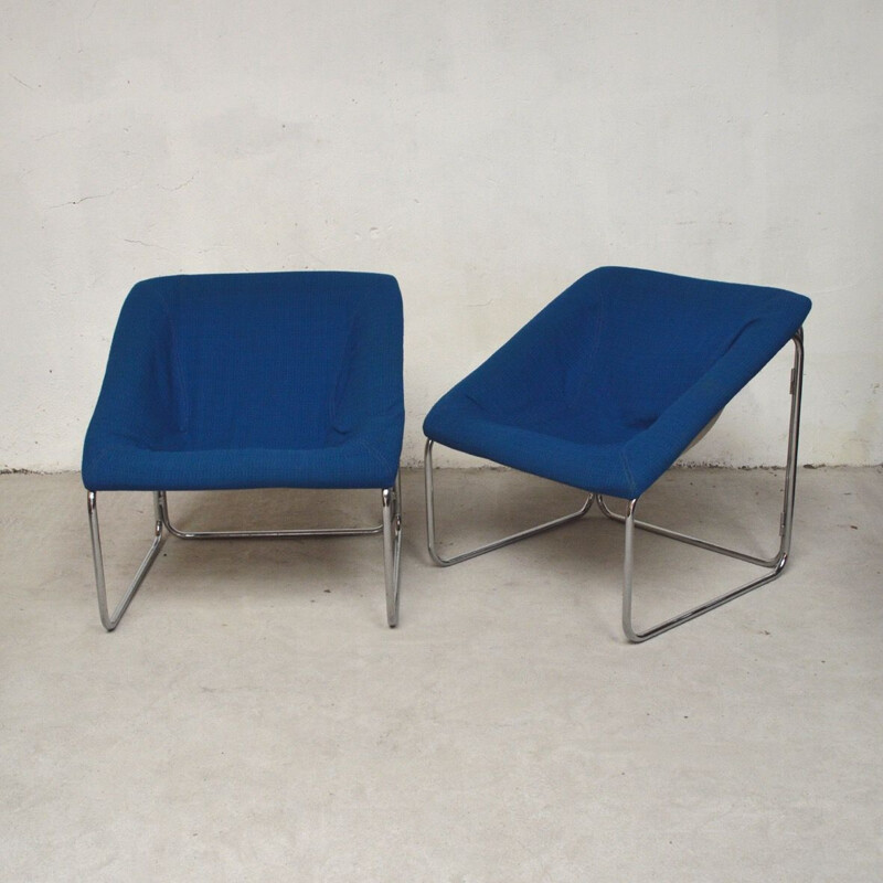 Paire de fauteuils vintage de forme cubique en laine bleu, 1970