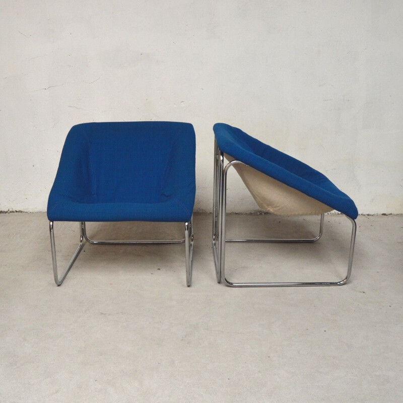 Paire de fauteuils vintage de forme cubique en laine bleu, 1970