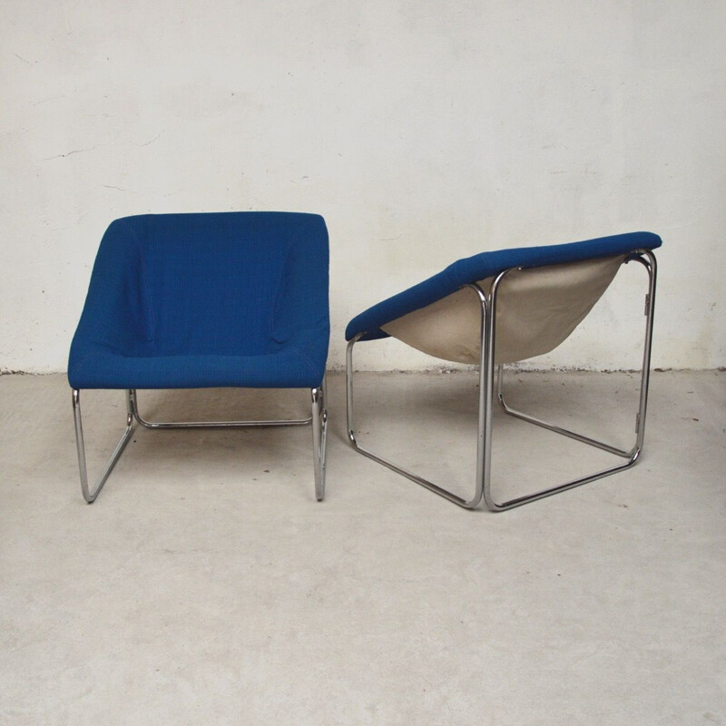 Pair of vintage blue woolen armchairs, 1970