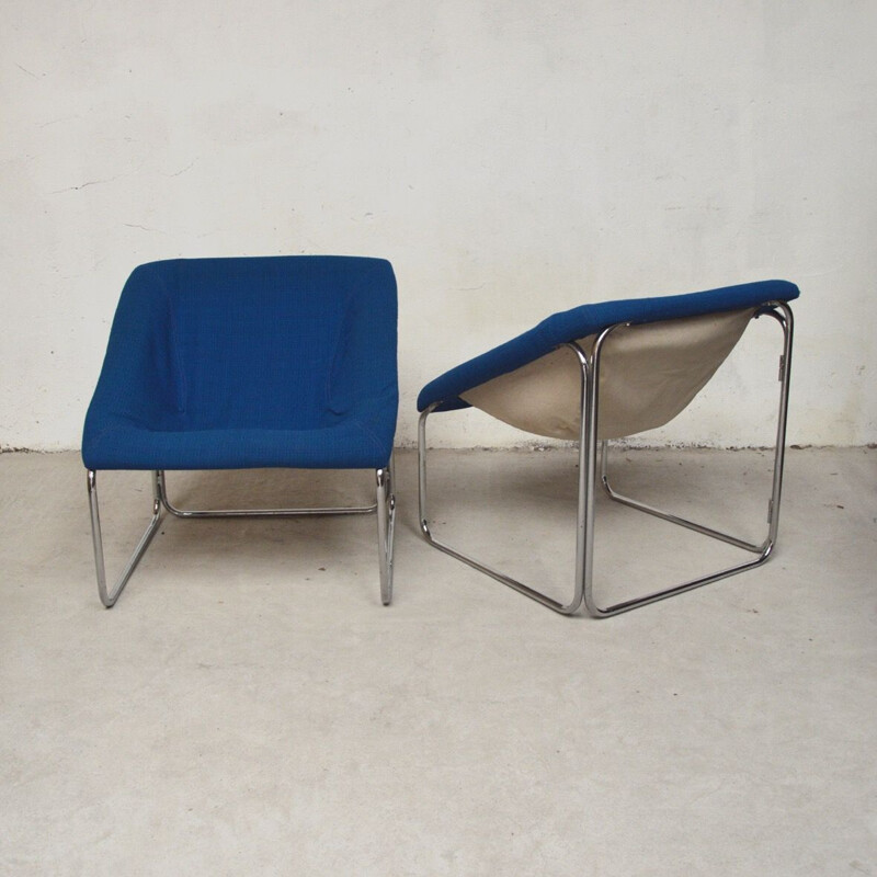 Paire de fauteuils vintage de forme cubique en laine bleu, 1970