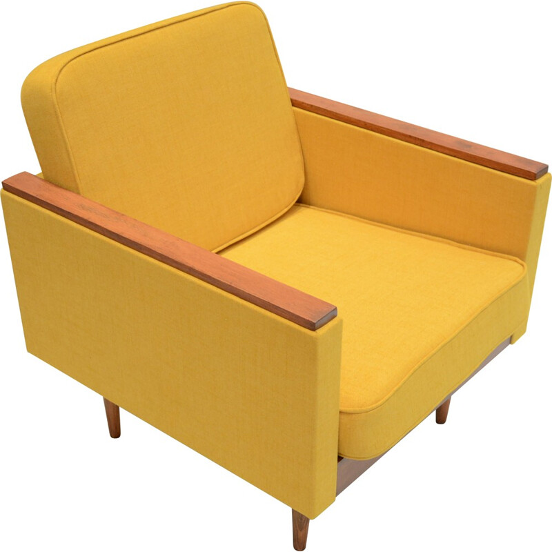 Square Soviet armchair in oak and mustard yellow fabric - 1960s