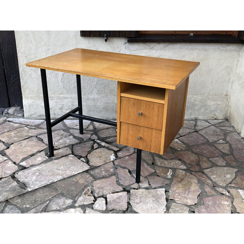 Vintage oak and metal tubular desk by Jacques Hitier, 1960