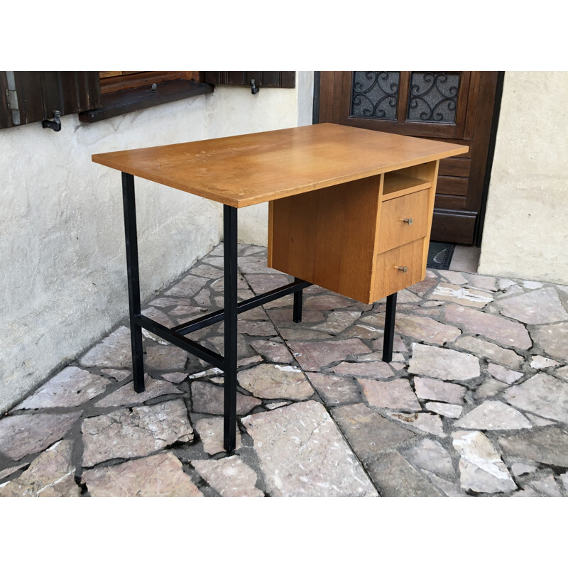 Vintage eiken en metalen buisbureau van Jacques Hitier, 1960