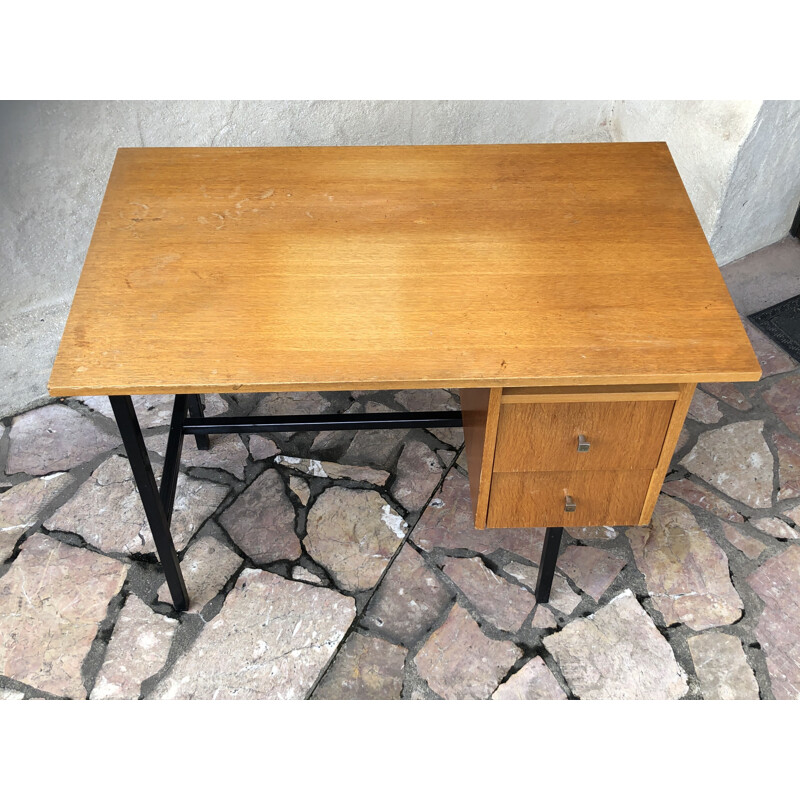 Vintage eiken en metalen buisbureau van Jacques Hitier, 1960