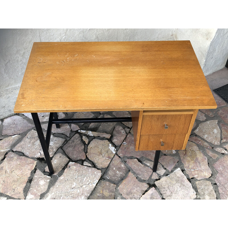 Vintage oak and metal tubular desk by Jacques Hitier, 1960