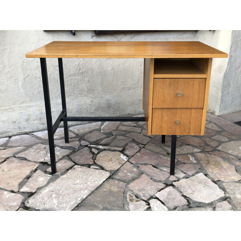 Carvalho Vintage e mesa tubular metálica por Jacques Hitier, 1960