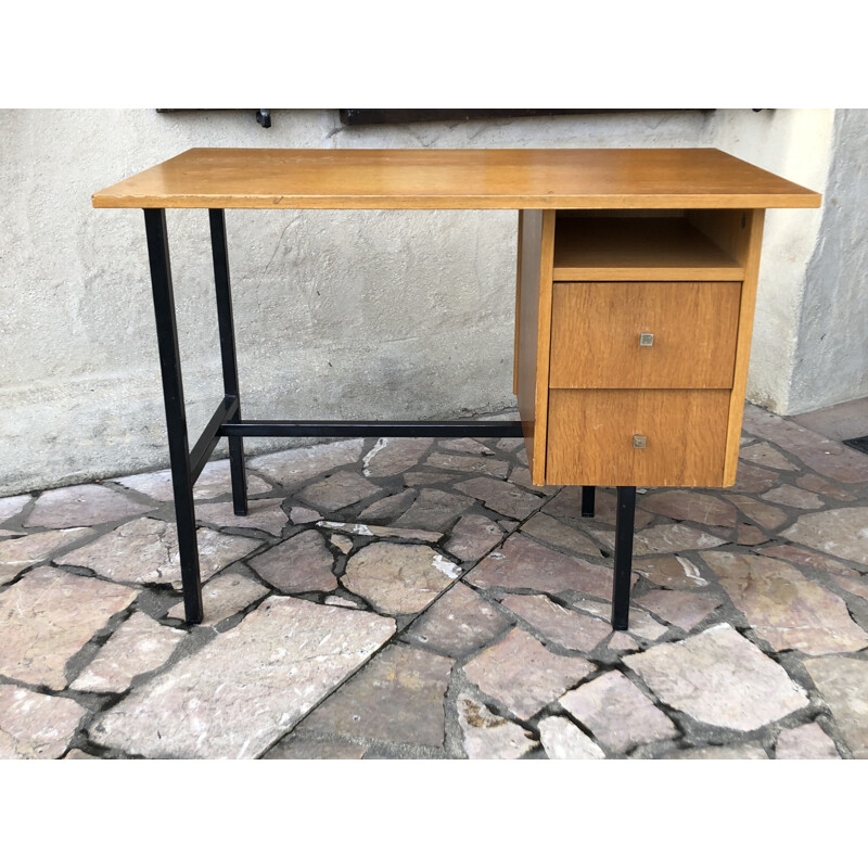 Vintage oak and metal tubular desk by Jacques Hitier, 1960