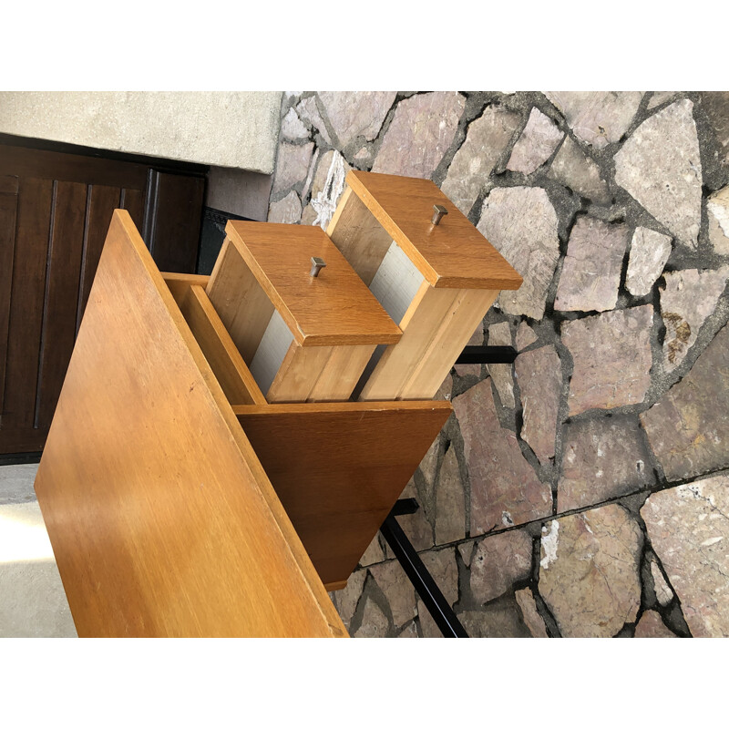 Vintage oak and metal tubular desk by Jacques Hitier, 1960