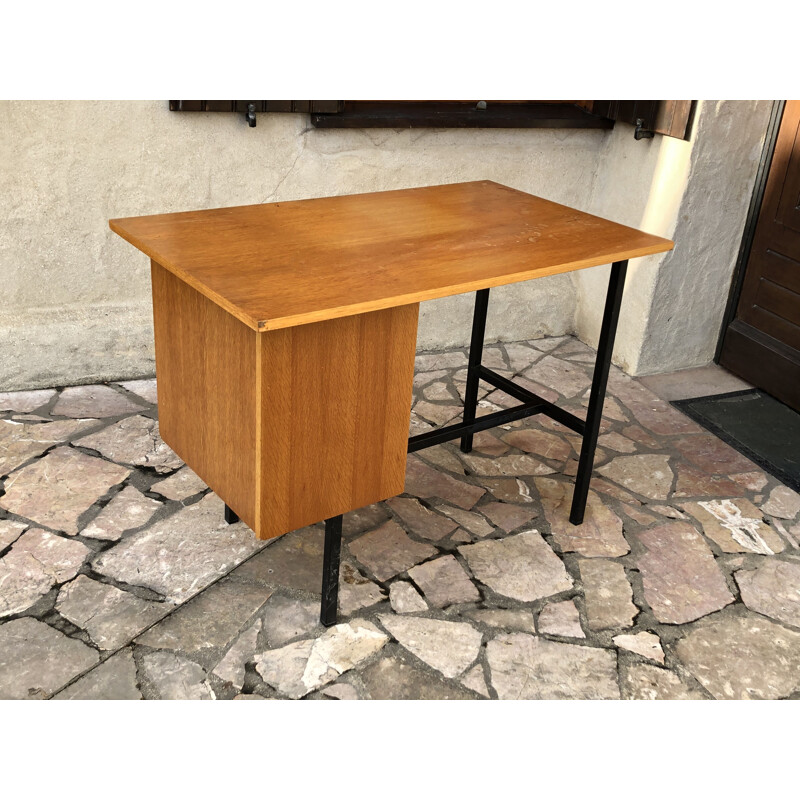 Vintage oak and metal tubular desk by Jacques Hitier, 1960