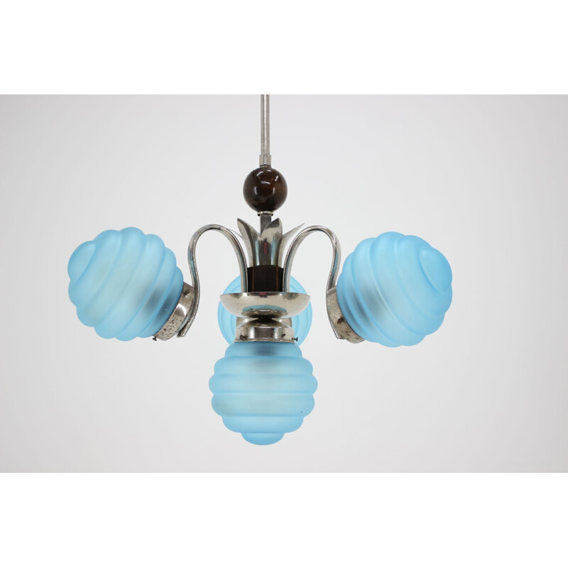 Vintage blue Art Deco chandelier, Czechoslovakia  1930s