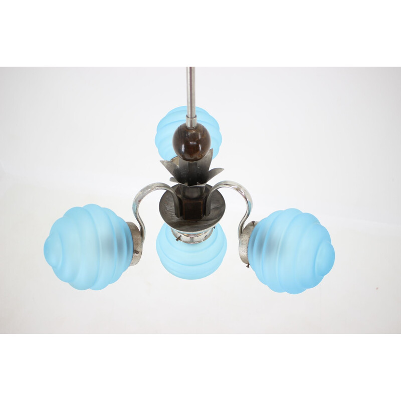 Vintage blue Art Deco chandelier, Czechoslovakia  1930s