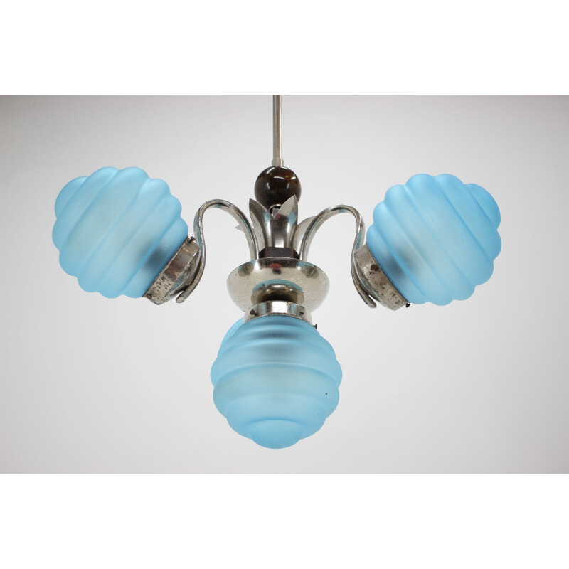 Vintage blue Art Deco chandelier, Czechoslovakia  1930s