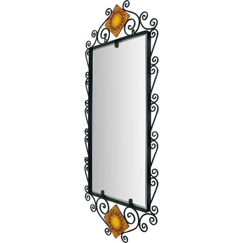 Vintage rectangular wall mirror with black wrought iron frame and ceramic, 1960s