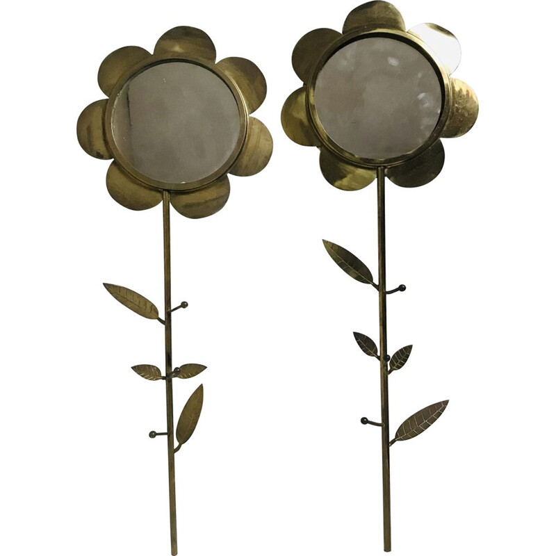 Pair of vintage brass wall mirrors in the shape of a flower, 1960