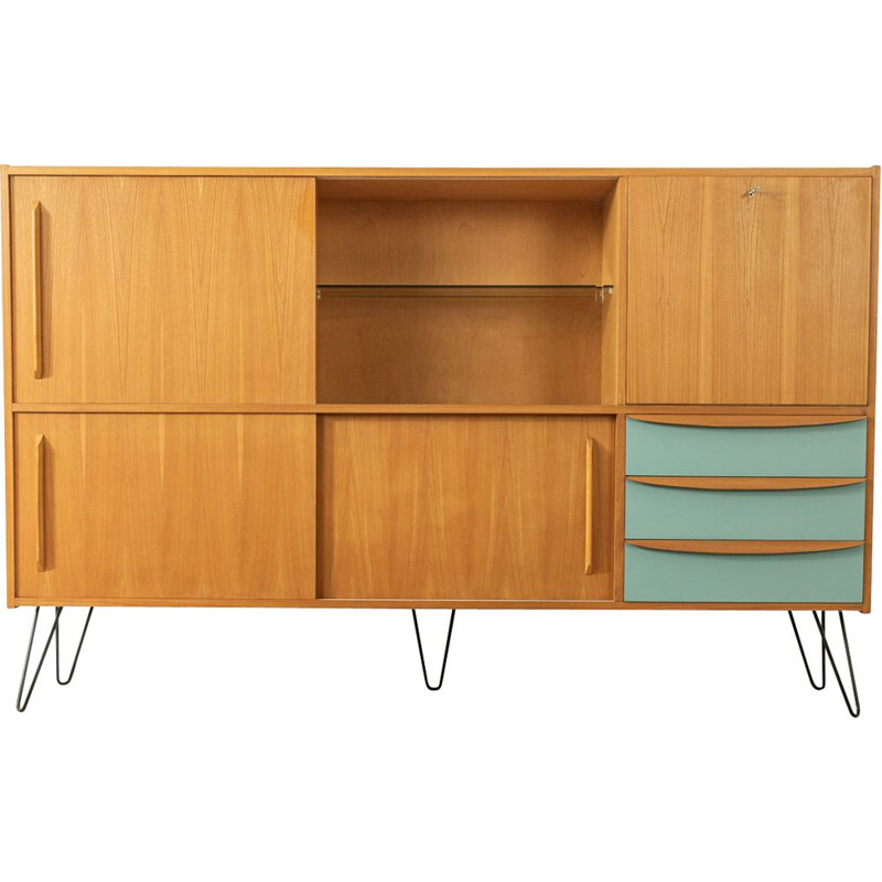 Vintage ashwood highboard with three sliding doors and blue drawers, Germany 1960s