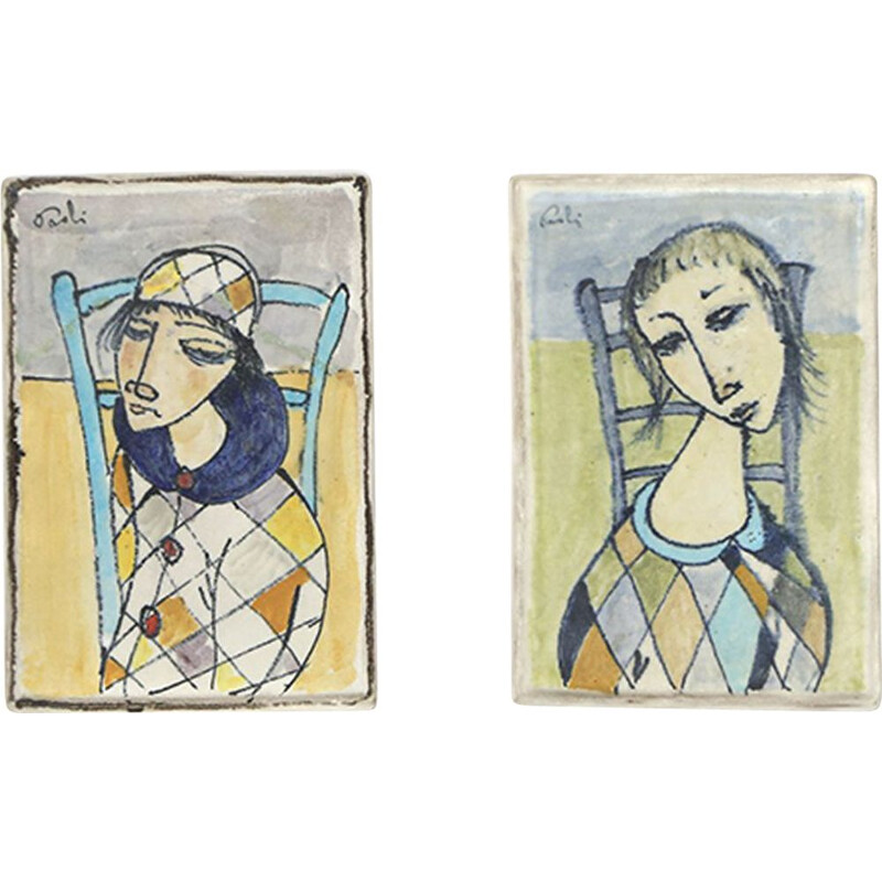 Coppia di piastrelle vintage in ceramica "Il secco" di Bruno Paoli, 1950