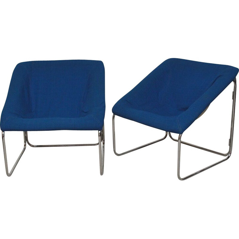 Ein Paar Vintage-Sessel in kubischer Form aus blauer Wolle, 1970