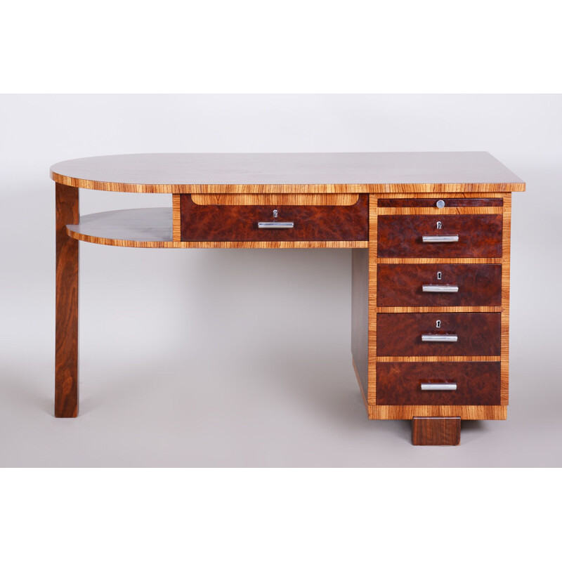 Art Deco vintage desk with zebrawood and walnut, 1930s