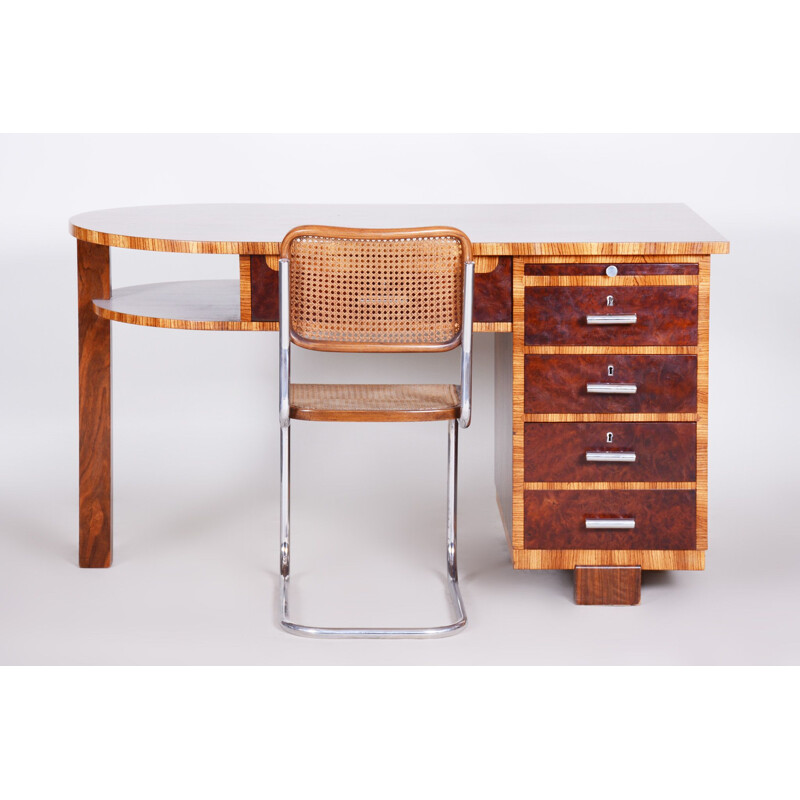 Art Deco vintage desk with zebrawood and walnut, 1930s