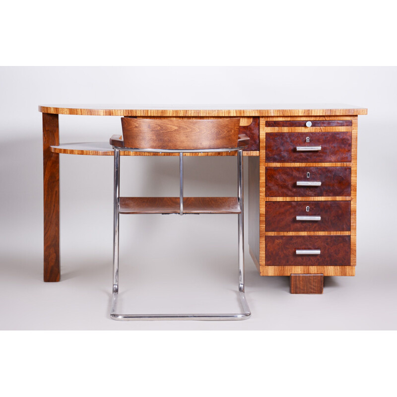 Art Deco vintage desk with zebrawood and walnut, 1930s