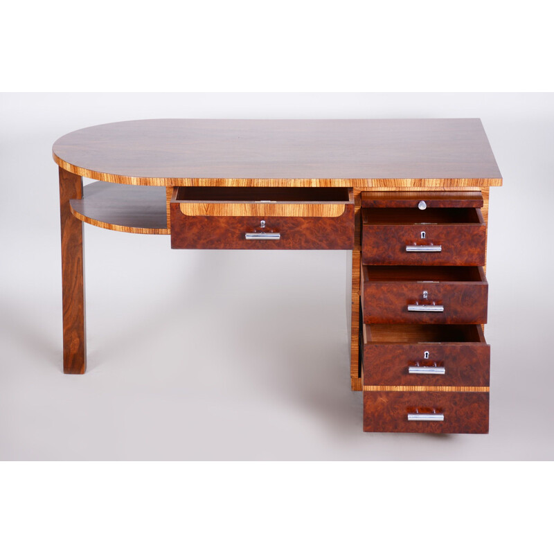 Art Deco vintage desk with zebrawood and walnut, 1930s