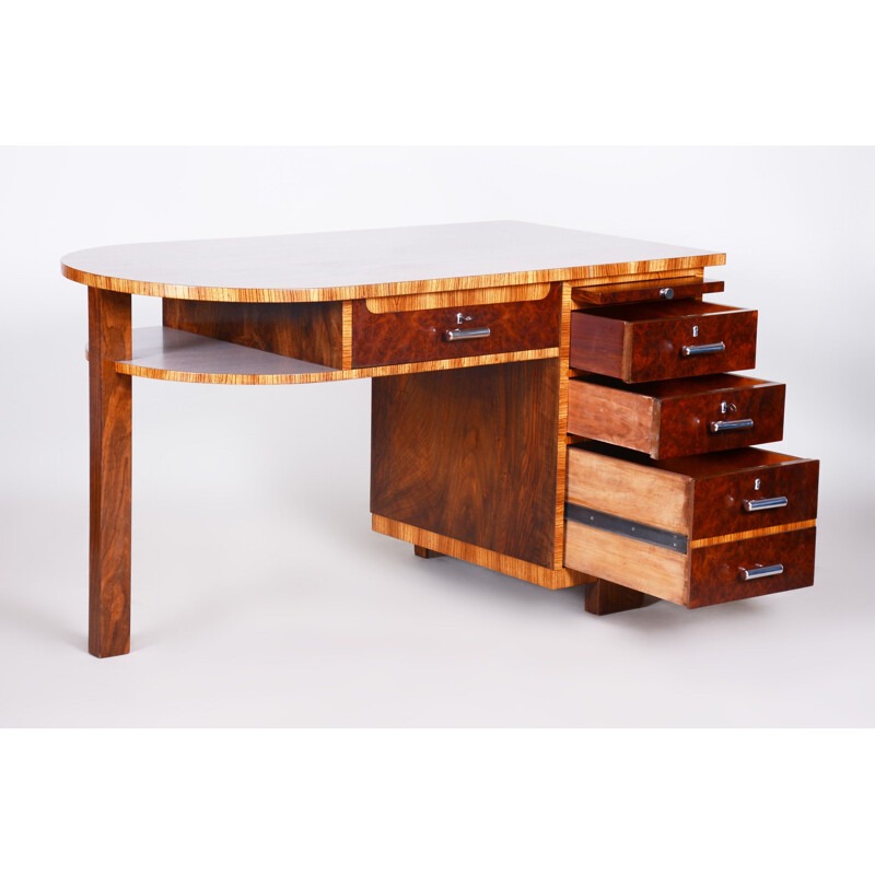 Art Deco vintage desk with zebrawood and walnut, 1930s