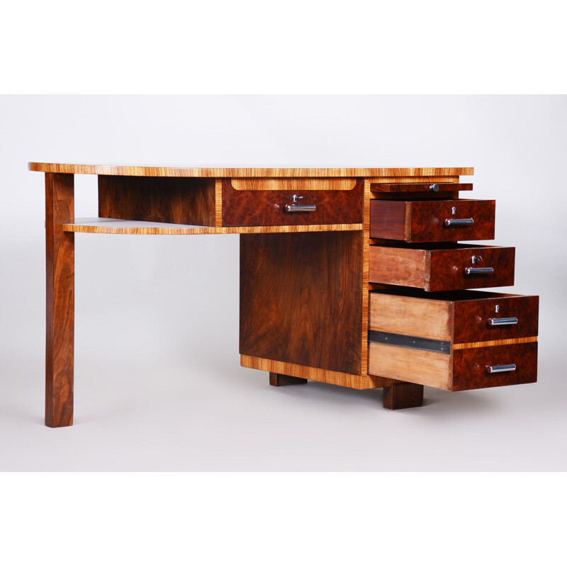 Art Deco vintage desk with zebrawood and walnut, 1930s