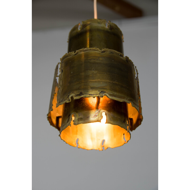 Pair of vintage Brutalist brass pendant lamps by Svend Aage for Holm Sørensen, Denmark 1960s