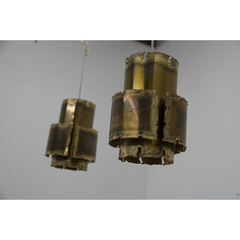 Pair of vintage Brutalist brass pendant lamps by Svend Aage for Holm Sørensen, Denmark 1960s