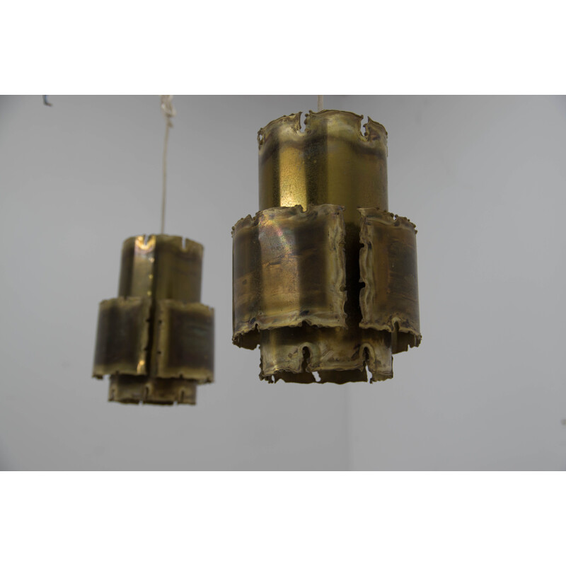Pair of vintage Brutalist brass pendant lamps by Svend Aage for Holm Sørensen, Denmark 1960s