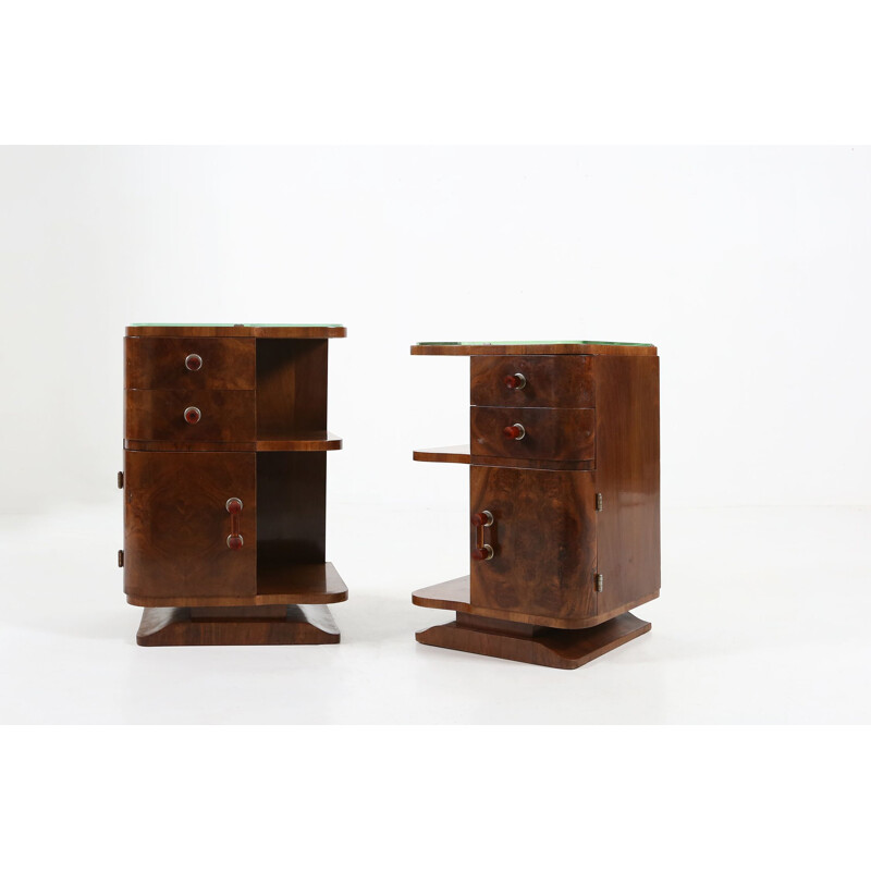 Paire de tables de chevet Art Déco vintage en bois et verre, 1930