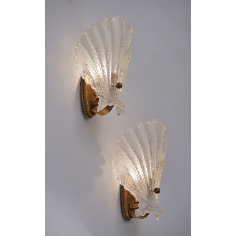 Pair of vintage Orrefors wall lamps in glass & bronze, Sweden 1950s