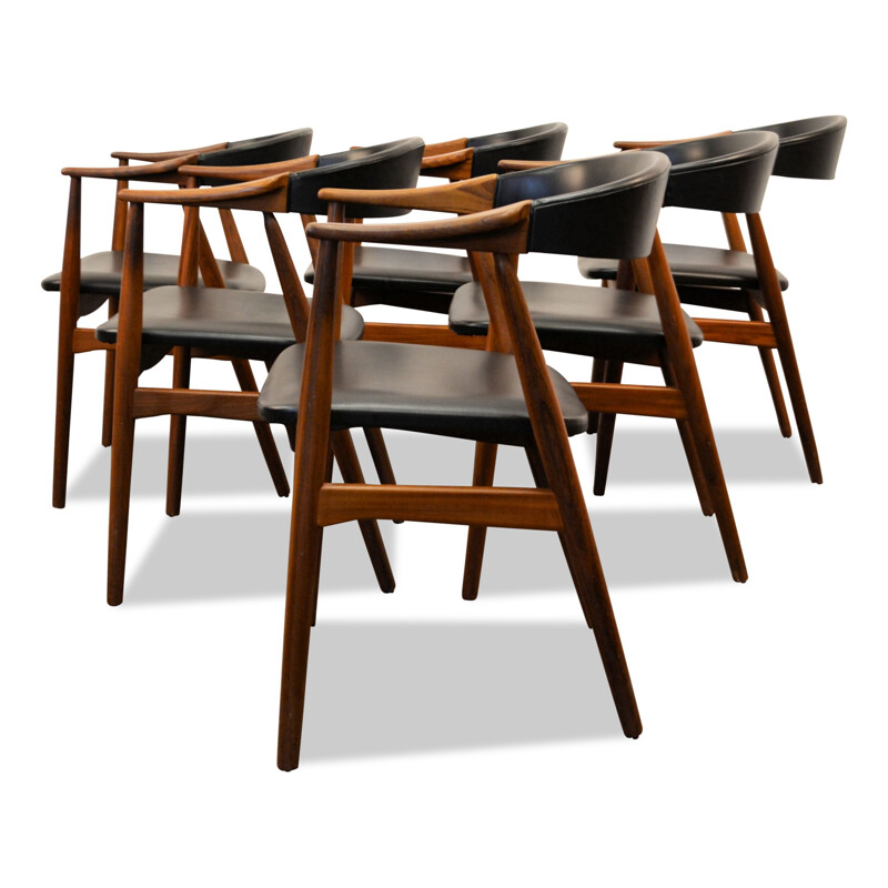 Suite de 6 chaises scandinaves Farstrup en teck et simili cuir noir - 1960 
