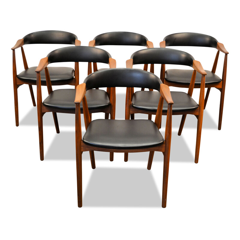 Suite de 6 chaises scandinaves Farstrup en teck et simili cuir noir - 1960 