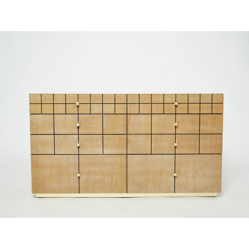 Vintage chest of drawers in ceruse oakwood and brass by Jean-Michel Wilmotte, 1970