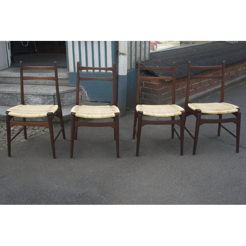 Set of 4 vintage teak and rattan chairs by Georg Leowald for Wilkhahn, 1950s