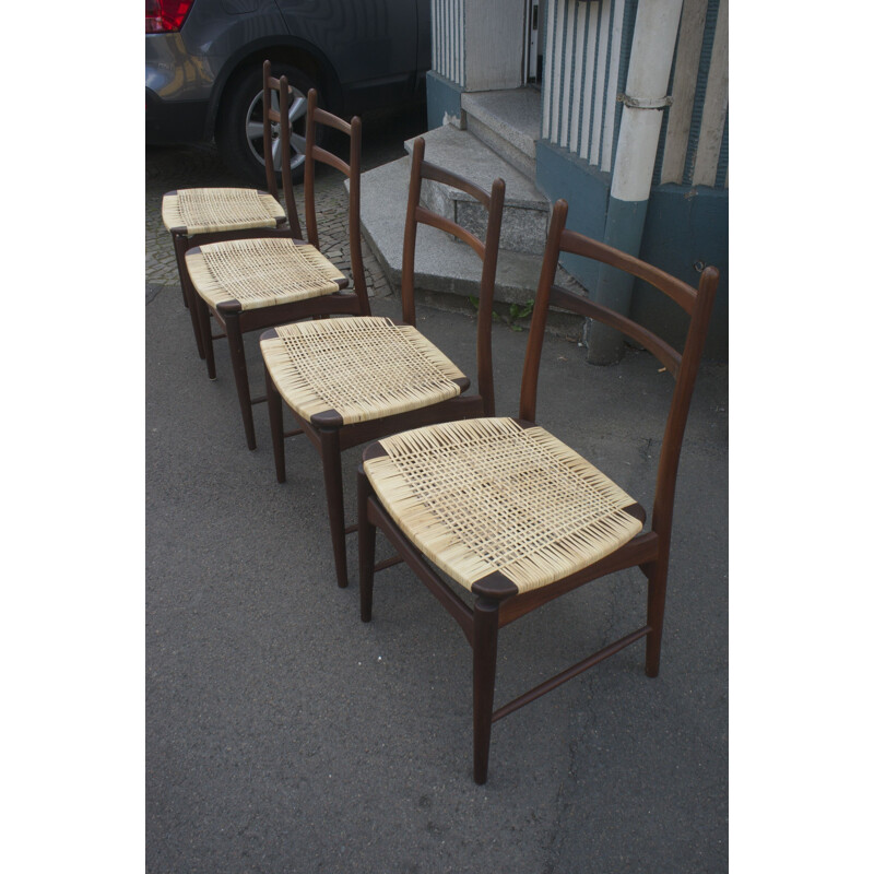 Set of 4 vintage teak and rattan chairs by Georg Leowald for Wilkhahn, 1950s