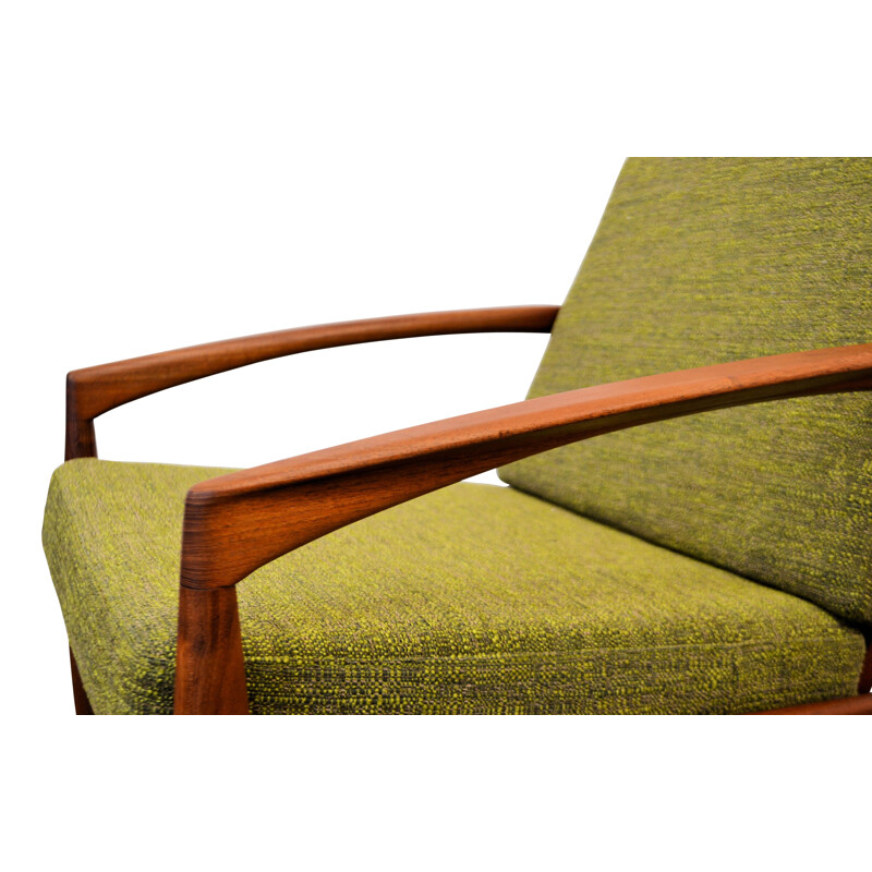 Fauteuil scandinave en teck et tissu vert olive, Kai KRISTIANSEN - 1960