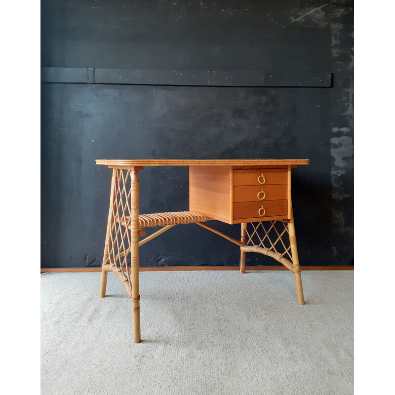 French vintage desk in rattan by Louis Sognot, 1950