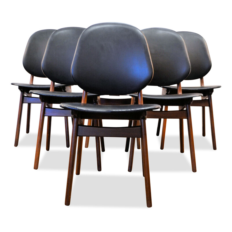 Set of 6 Danish Boltinge dining chairs in teak and black skai - 1960s